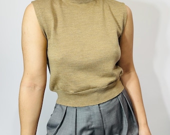 Vintage cropped camel merino wool sleeveless turtleneck – minimalist fine knit top, size S