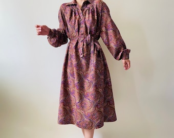 vintage silk paisley print button dress, silk belted dress with puff sleeves