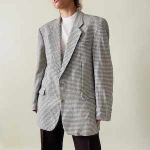 Vintage wool plaid blazer in red & blue – single breasted minimalist blazer – size M tall fit