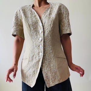Vintage beige embroidered linen blazer / short sleeve linen jacket / lightweight summer blazer S
