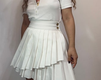 cotton tennis skirt/ pleated wrap mini skirt/ white cream beige pleated skirt