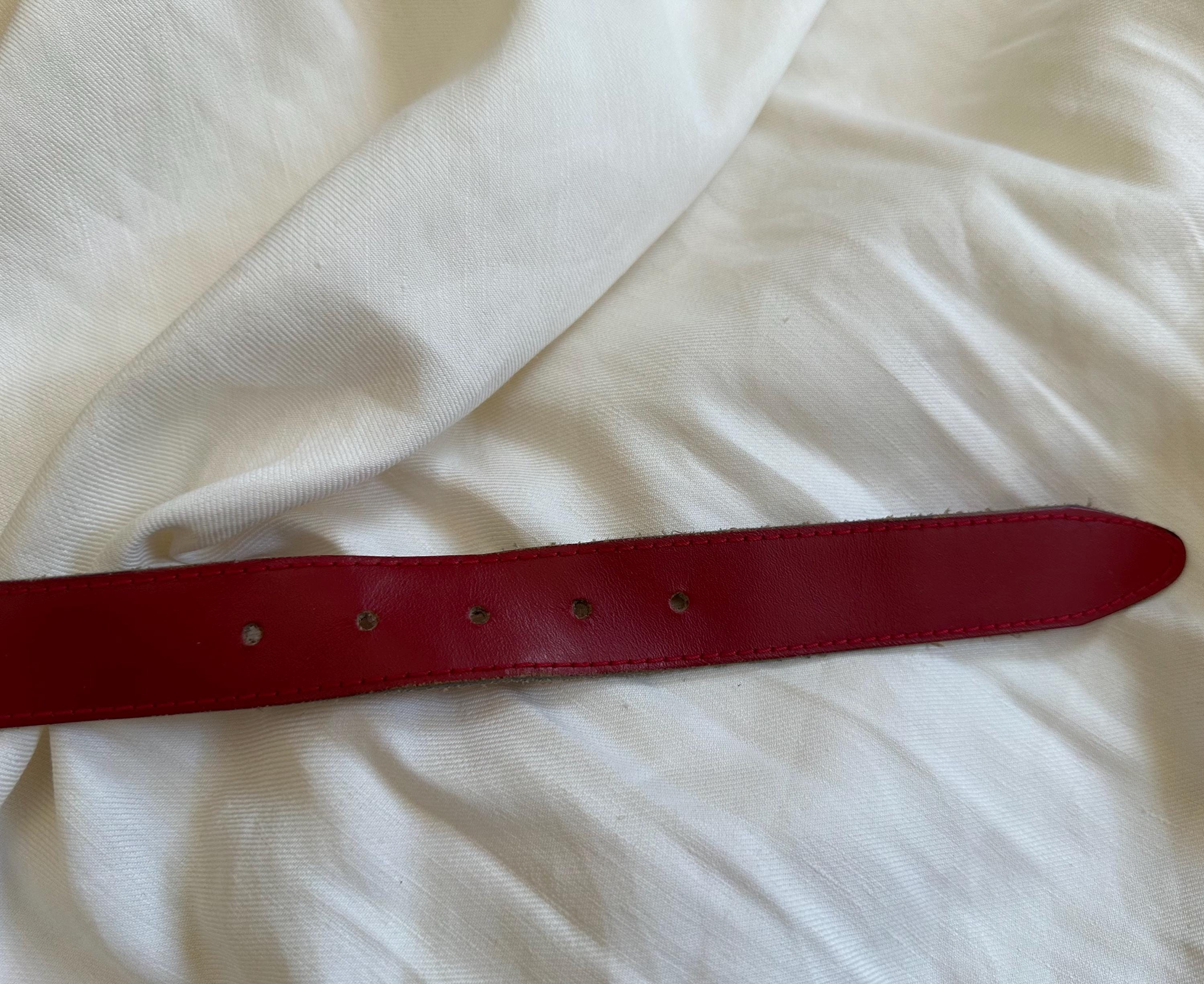 Vintage Red Leather Belt With Thick Silver Horseshoe Buckle 