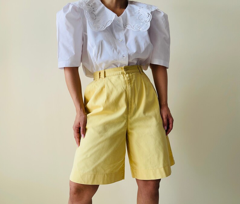 vintage high waisted yellow shorts, high waisted pleated pants, summer pants image 1
