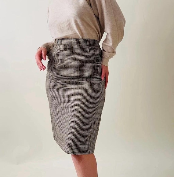Vintage Houndstooth Wool Pencil Skirt Pure New Wool Midi Skirt - Main Image