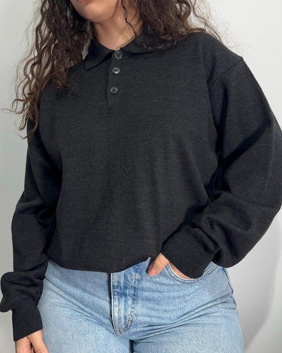 Vintage Charcoal Grey Wool Blend Polo Sweater Collared Knit Minimalist Oversized Jumper M-L