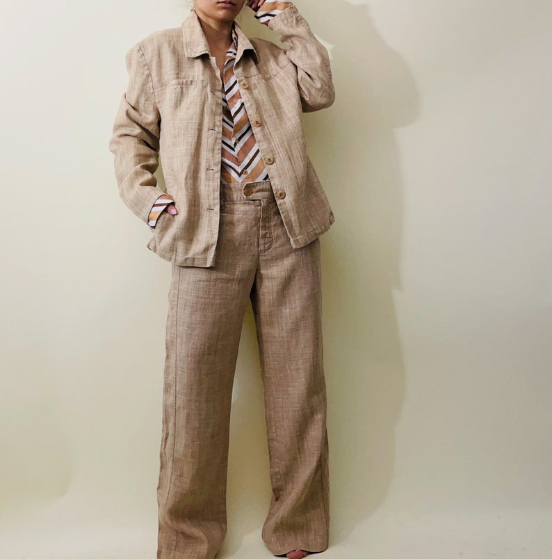 vintage linen pants set linen wide leg trousers, linen jacket image 1