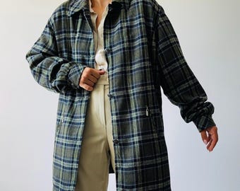 vintage, wełniana, zielona, kratkowana kurtka oversize