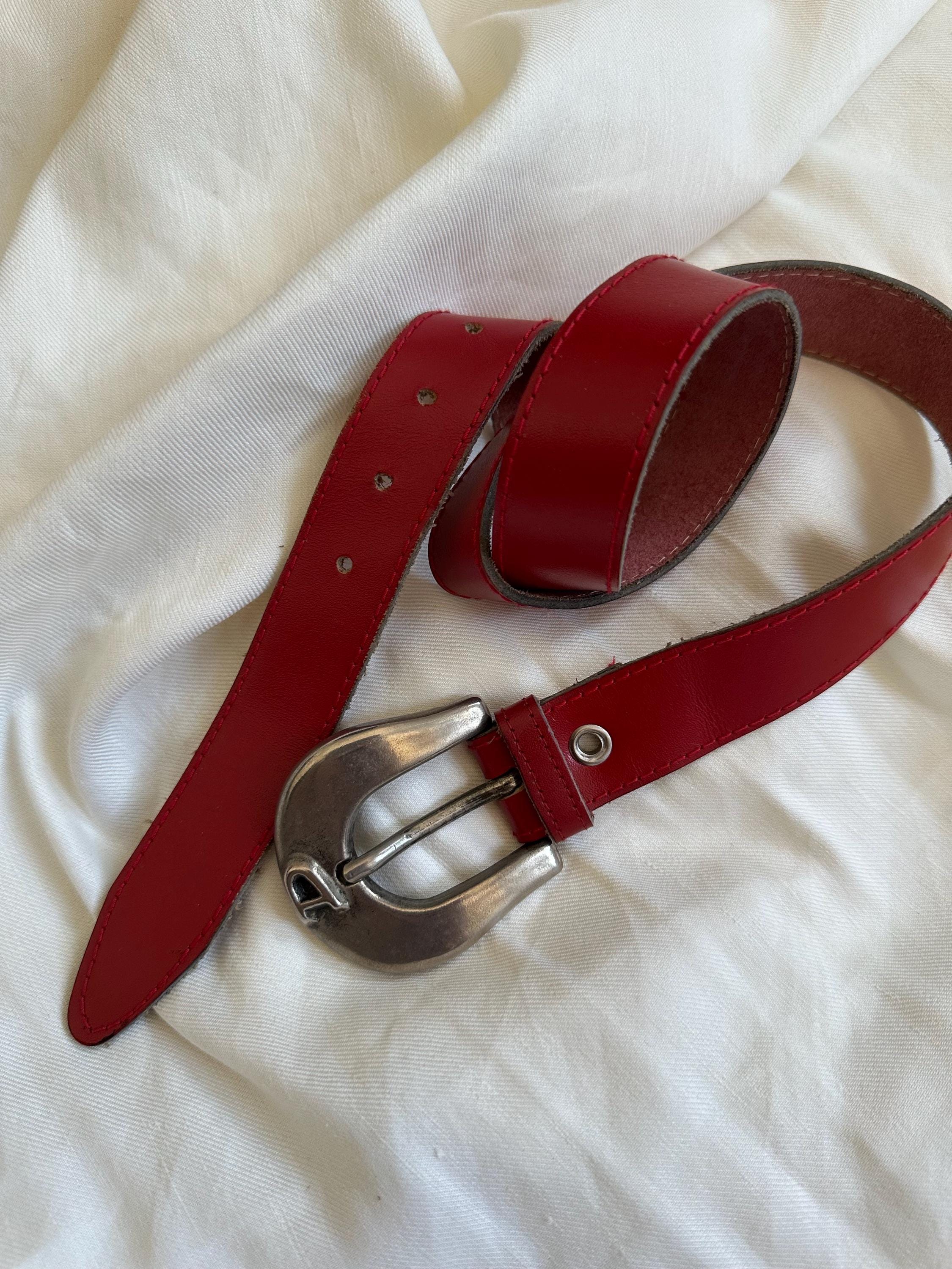 Vintage Red Leather Belt With Thick Silver Horseshoe Buckle 