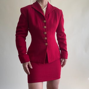 vintage Wool red suit/ mini skirt/ form fitted blazer/ skirt suit image 1