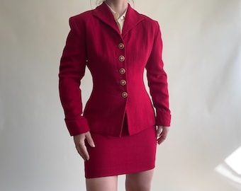 vintage Wool red suit/ mini skirt/ form fitted blazer/ skirt suit