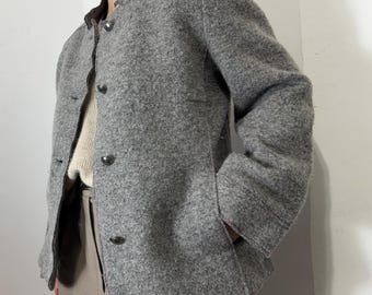 Vintage grey wool jacket women M-L minimalist structured blazer boiled wool coat