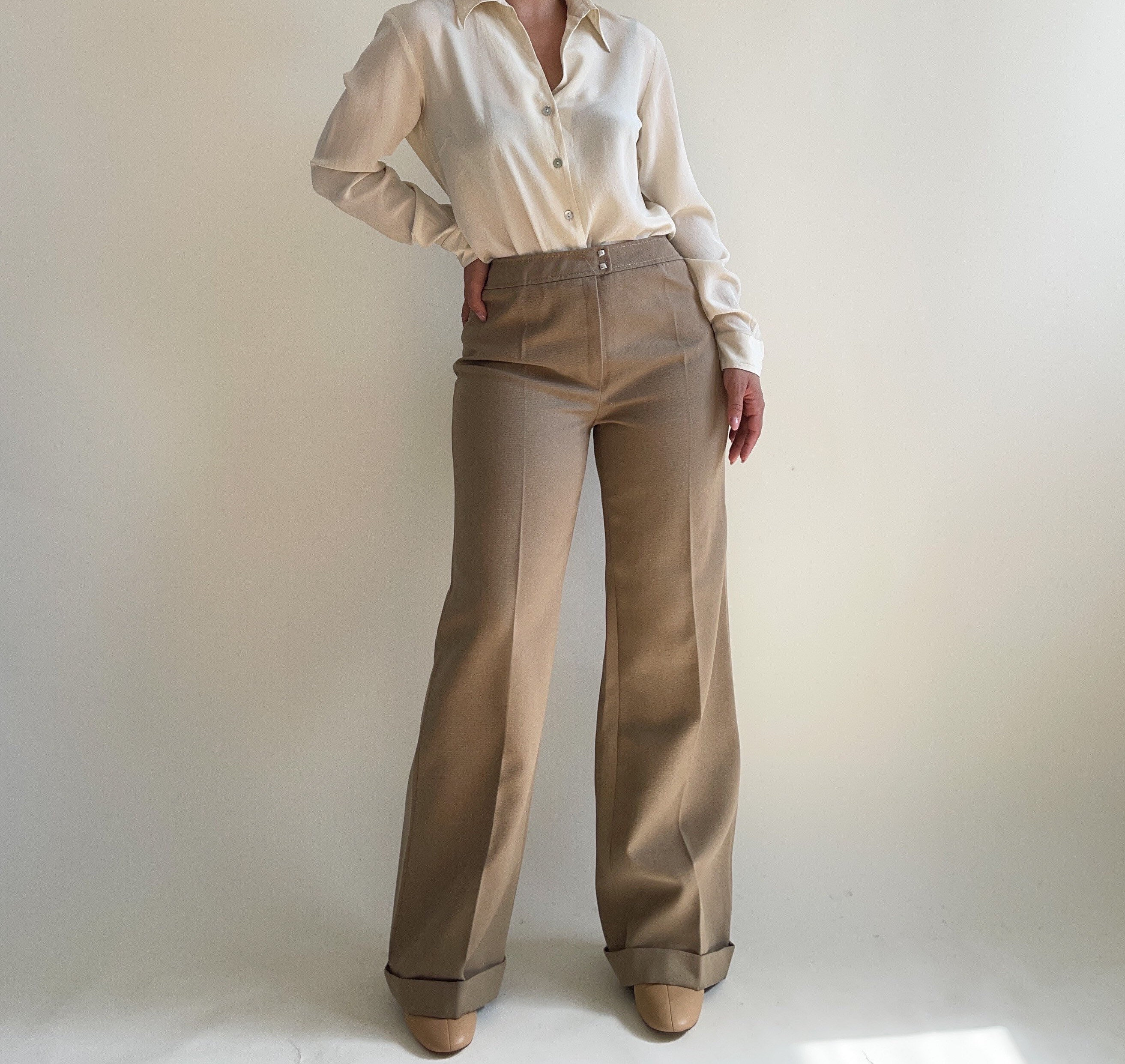 Vintage Wide Leg Camel Wool Trousers, Wool Mix Office Pants