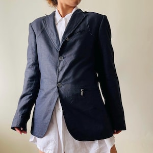 Vintage Black Linen Blazer – Minimalist Single-Breasted Jacket – Spring Summer Essential – Size XS-S