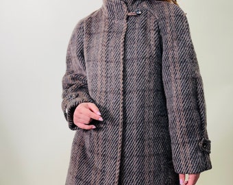 vintage wool brown plaid coat, wool plaid coat, preppy style coat