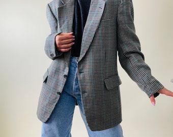 vintage pure wool masculine oversized blazer, wool plaid blazer, preppy blazer