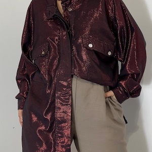 Vintage Metallic Burgundy Oversized Shirt L-XL | Shimmer Button Up Blouse | 80s Statement Shirt