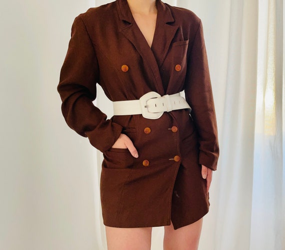 1950s Chocolate Brown Linen Wiggle Shirtdress with Mother of Pearl Carved Buttons and Jacket size Small Medium