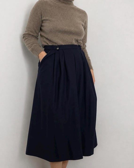 Vintage  Navy Wool Midi Skirt S/M | Pleated A-Line Wool Skirt | Dark Academia Fall Winter Skirt