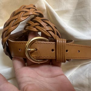 Vintage Ledergürtel mit goldener Schnalle – geflochtener Taillen-Gürtel aus Natur-Leder – Größe S-M