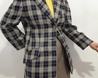 Vintage plaid wool blazer S, checkered structured jacket, classic preppy office blazer