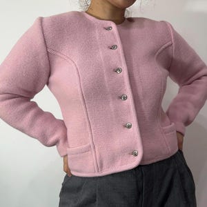 Marynarka z czystej wełny w kolorze różowym w stylu vintage – krótka dzianinowa kurtka – kardigan XS-S