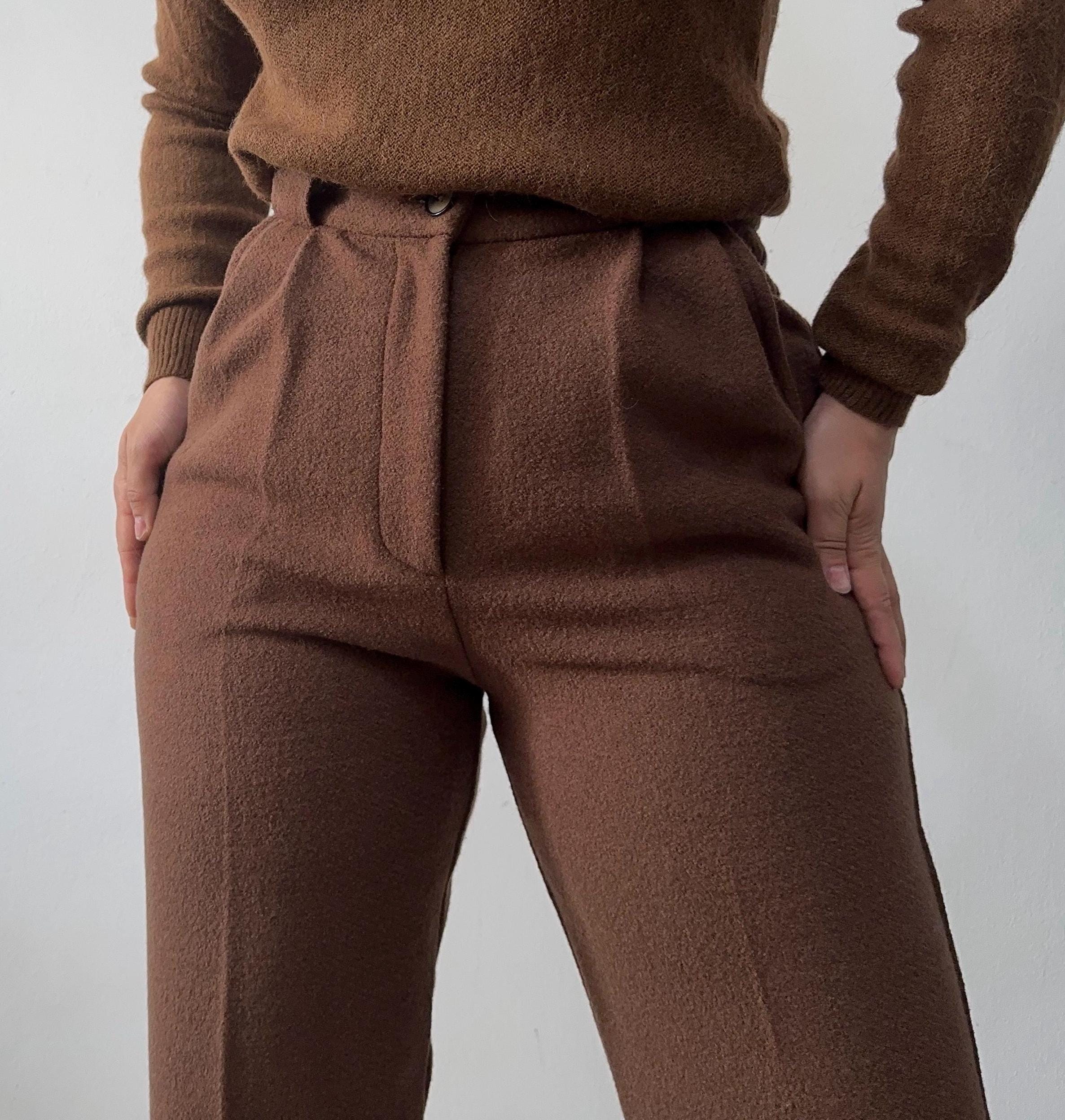 Thick Wool Straight Leg Pleated Trousers/ High Waisted