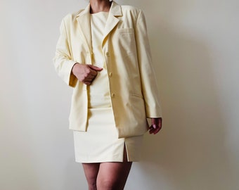 vintage light yellow dress set (mini minimalist office dress, single breasted blazer)