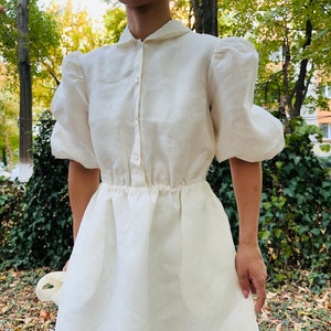 Linen cotton cottage core cream dress, puff sleeve midi dress/ cream linen dress image 4