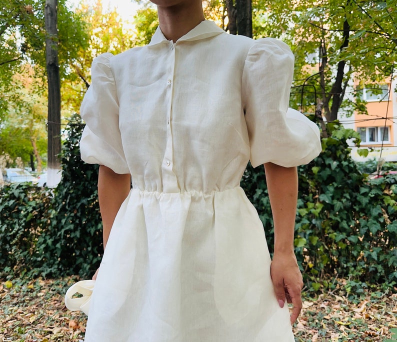 Linen cotton cottage core cream dress, puff sleeve midi dress/ cream linen dress image 4