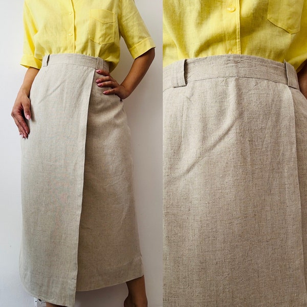 vintage linen mix beige pencil skirt