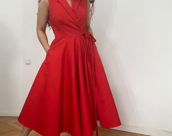 wrap midi dress/ red circle dress/ 50s style  dress/ timeless feminine dress/ red elegant dress/ wrap dress