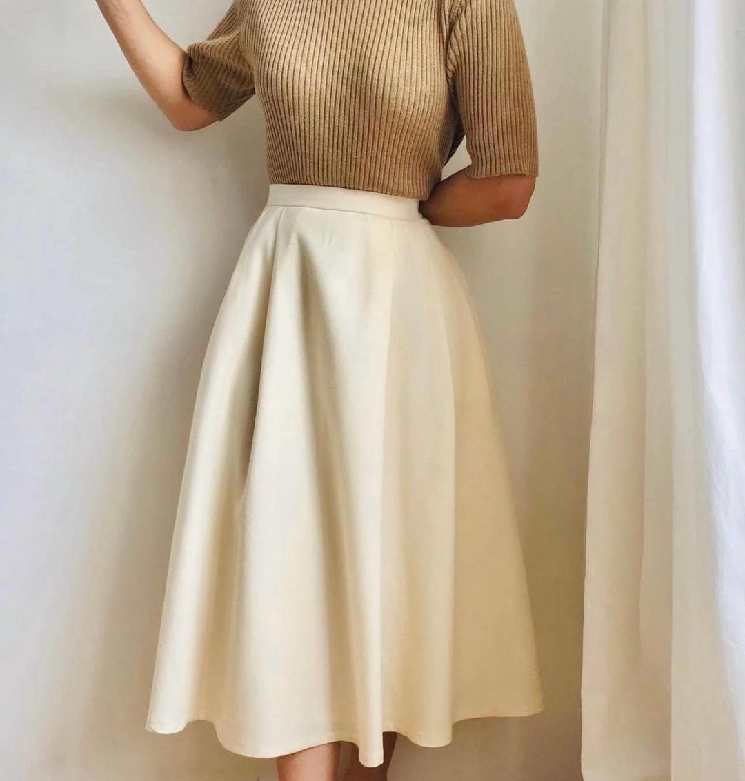 Vintage-inspired Italian Wool Midi Skirt • Pleated A-line Skirt • High ...