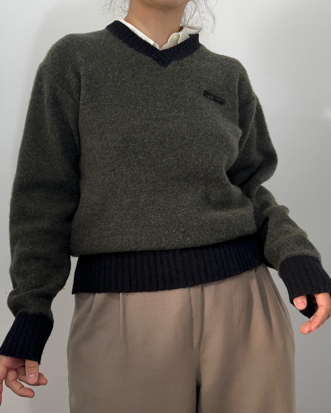 Vintage Dark Olive Wool Blend Sweater | Lambswool Knit Jumper | Minimalist Italian Pullover | s-m, foto 1 de 5