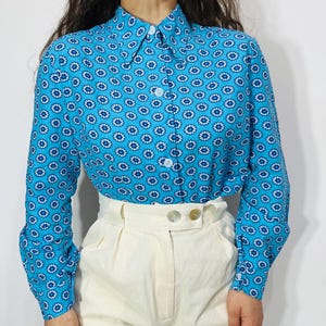 Vintage blue floral button-up cotton shirt • long sleeve blouse • XS-S petites