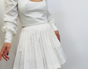 cotton pleated mini skirt/ white cream tennis style skirt