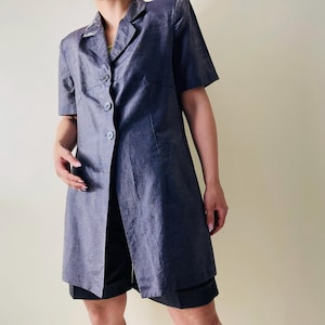Vintage grey linen mix blazer shirt / short sleeve long blouse / minimalist summer jacket / size S