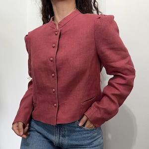 Vintage Rose Linen Cropped Blazer | Pleated Peplum Back | Feminine Tailored Jacket | Size L
