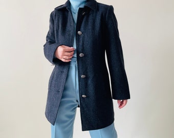 Vintage Wool Coat – Dark Grey Longline Blazer, Minimalist 90s Style