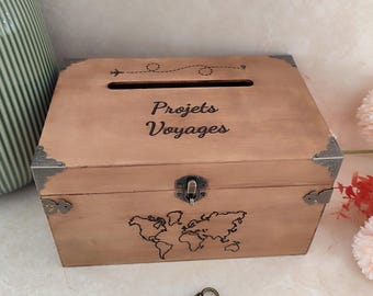 Urne en bois, mariage, anniversaire, personnalisable, tirelire, économie, voyage, projets (avec cadenas et 1 clef)