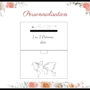 May include: A white card with the word "Personnalisation" in burgundy script. The card features a black airplane graphic with a dotted line, text that reads "1 ou 2 Pr&eacute;noms date", and a world map outline.