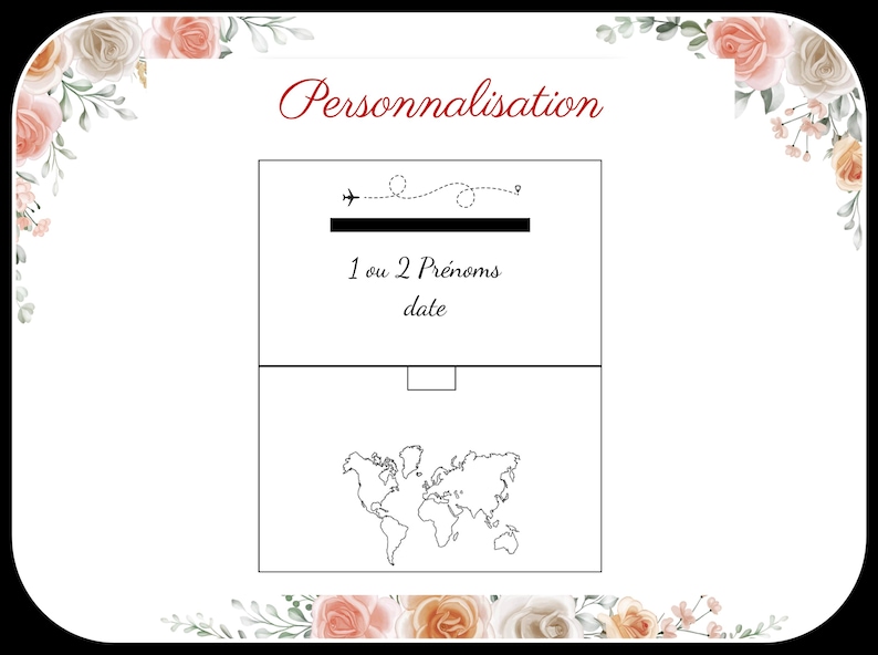 May include: A white card with the word "Personnalisation" in burgundy script. The card features a black airplane graphic with a dotted line, text that reads "1 ou 2 Pr&eacute;noms date", and a world map outline.