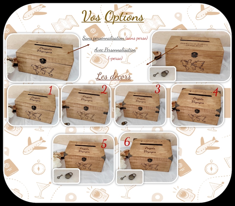 May include: Wooden travel-themed keepsake box with a slot on top and a small lock. The box features a world map design and the words "Projets Voyages". Several variations are shown, with and without personalization.