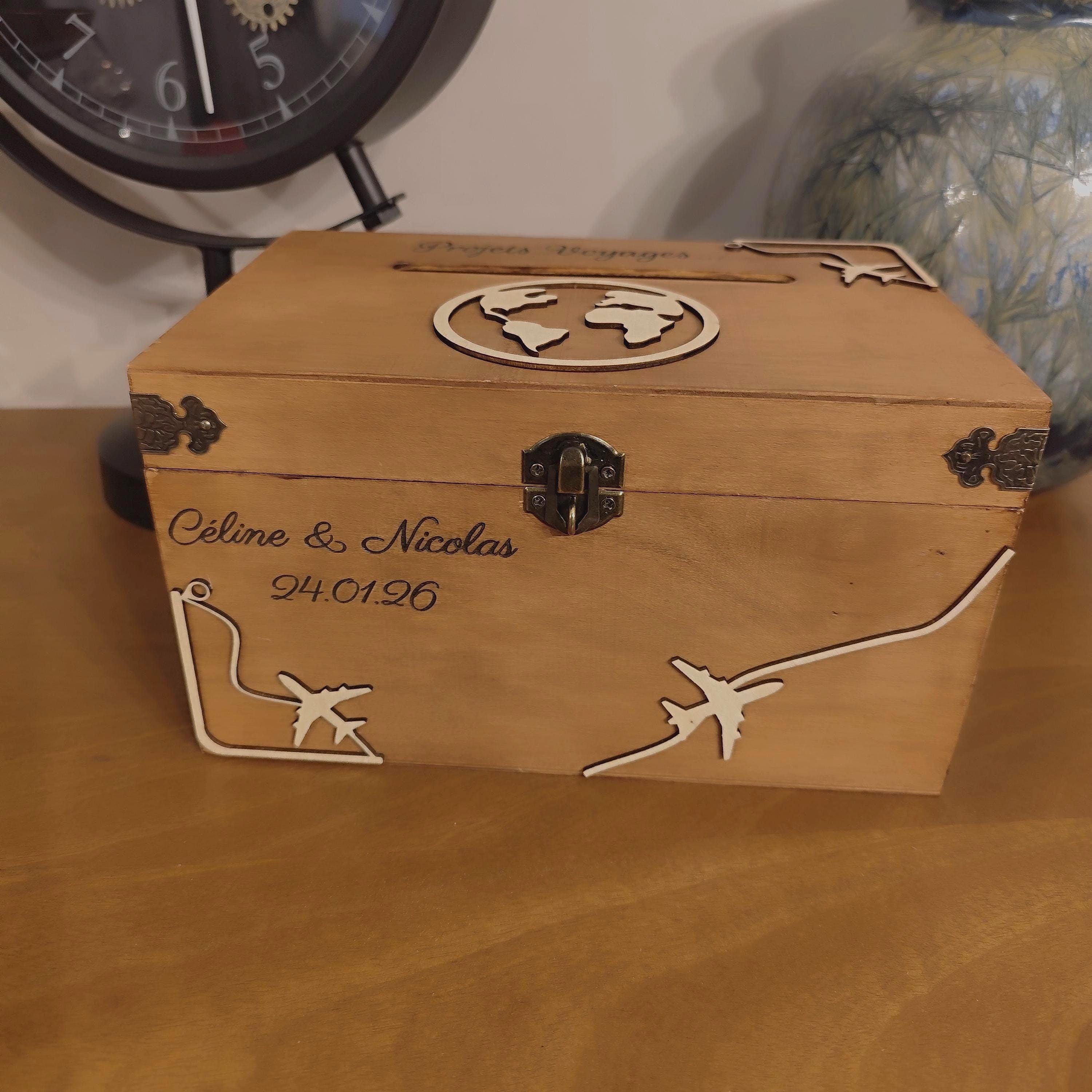 Urne en bois, mariage, anniversaire, tirelire, économie, voyage, projets (avec cadenas et 1 clef) Boite à projets