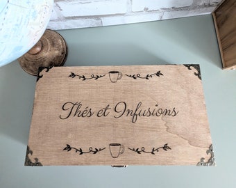 Boite thés et infusions en bois, gravée, travail artisanal à personnaliser. Box en bois décor vintage, cadeau fête des mères, pères, famille