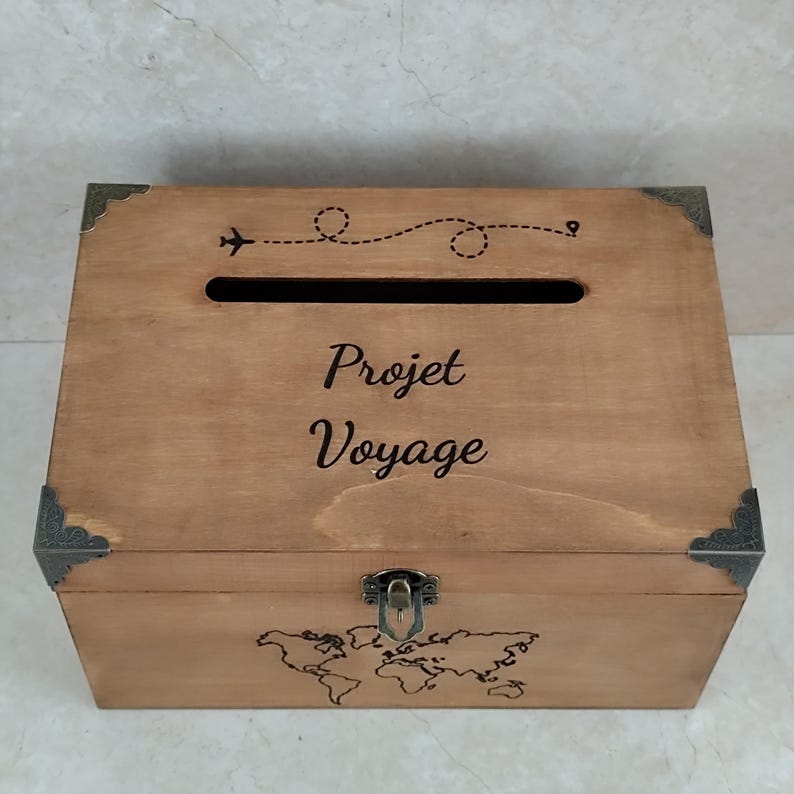 Wooden money box, for weddings, birthdays, customizable, piggy banks, savings, travel, projects (with padlock and 1 key), small model 6