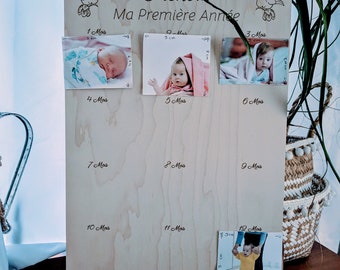 Gravierte Fototafel aus Holz, personalisierte 12 Fotos (für Geburtstage, Babyfotorahmen, Erinnerungsfototafel)