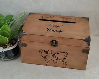 Urne en bois, mariage, anniversaire, personnalisable, tirelire, économie, voyage, projets (avec cadenas et 1 clef)