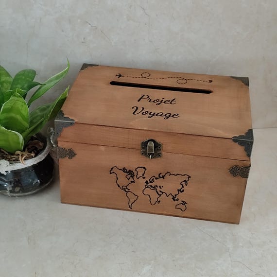 Urne en bois, mariage, anniversaire, personnalisable, tirelire, économie, voyage, projets (avec cadenas et 1 clef)