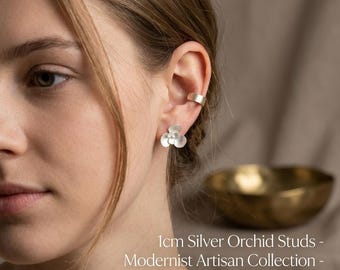 Hand-Forged Sterling Silver Orchid Studs, Botanical Modernist Earrings, 1.5cm Hammered Flower