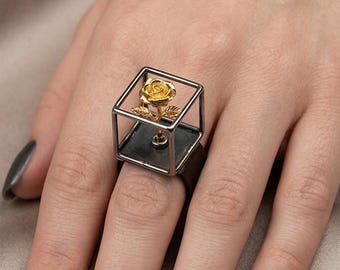 Sterling Silver Rose Ring with Gold Bath, Women's Statement Jewelry